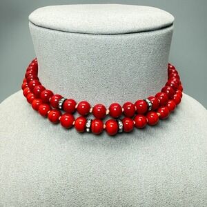 Vintage Red Glass Bead Choker Necklace 11-13" Double Strand Rhinestones